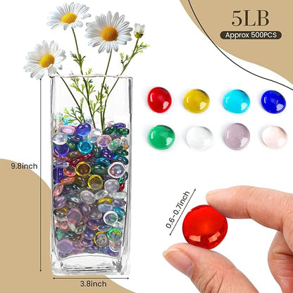 FUTUREPLUSX 5 Lb Flat Glass Marbles, 500 PCS Assorted Colors Flat Gems Aquarium Pebbles Vase Filler Table Scatter Decor, Red, Green, Blue, Yellow, Transparent