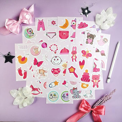 BulbaCraft Baby Girl Stickers, 100Pcs Multicolor Vinyl Decals, Waterproof, Reusable, Multipurpose for Scrapbooking and Party Decor, Newborn, Baby Shower Favors for Girls, Baby Girl Month Stickers