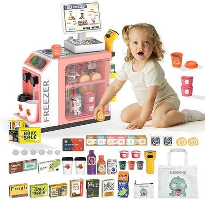 Cash Register Playset for Kids - 48PCS with Toy Coffee Machine,Pretend Play Money, Calculator, Scanner, Credit Card and Play Food for Boys and Girls！