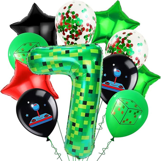 40in TNT Pixel Number 7 Balloon Birthday Decorations, Miner Theme Green Foil Balloons Blast Gaming Party Supplies