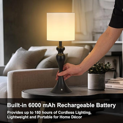 Table Lamp for Bedroom, Cordless Bedside Lamps for Living Room, Touch 3-Way Dimmable Desk Lamp for Night Stands, Rechargeable, Battery Operated Lamp with Fabric Shade for Dorm, Home Office (Black)