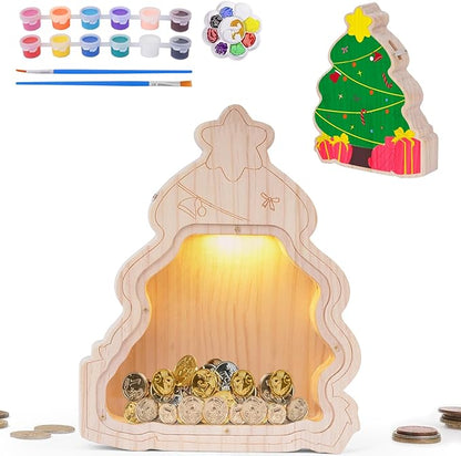 Wooden Piggy Bank for Kids, DIY Night Light Personalized Money Bank for Boy, Girl, Unbreakable Saving Box with Paintbrush and 12 Paints, Coin Jar Gift for kids Birthday&Decor (Xmas-tree）