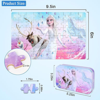 Puzzles for Kids Ages 4-8,Kid Puzzls in a Metal Box,Winter Princess Snowman Deer Horse Small Puzles,Kids Boys Girls Learning Educational Puzzes Packed in Tin Box,60 Pieces