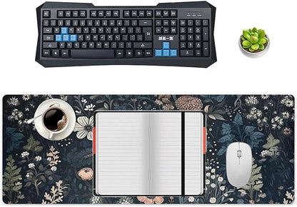 Dark Flower, Floral Plants Mouse Pad, Aesthetic Wildflowers Desk Pad, Gaming Mouse Pad, Non-Slip Rubber Base, Stitched Edges，31.5x11.8 inch Computer Mouse Mat Keyboard for Home Office