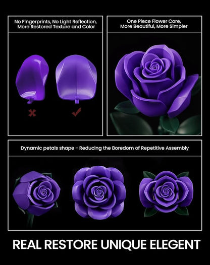 iATOM Purple Rose Bouquet Building Set, Artificial Flowers Botanical Collection for Adults Women, Gift for Halloween & Valentines Day - Gothic Home Office Table Centerpiece Decor - IA11017