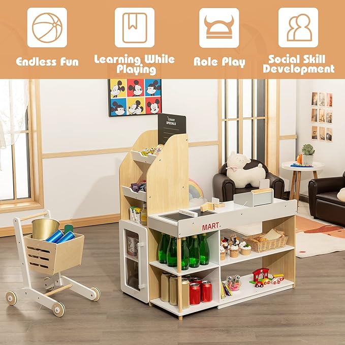 HONEY JOY Kids Grocery Store Playset, Wooden Grocery Store Pretend Play w/Cart, Cash Register Stand w/Coins, Chalkboard, Toddler Supermarket Play Toy for Boys Girls(Play Food Not Included)