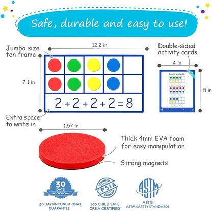 130 PCS Jumbo Magnetic Ten Frame Set, Ten Frames Class Set, Math Manipulatives for Kindergarten, PreK, Preschool, Math Counters, Games for Kids, Magnetic Counters, Teacher and Homeschool Supplies