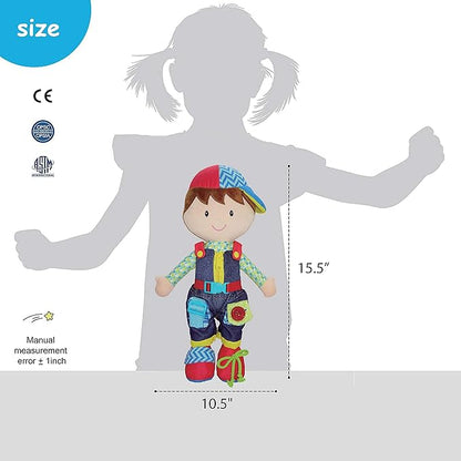 June Garden 15.5" Dressy Friends Lucas - Educational Stuffed Plush Doll for Kids and Toddlers 2 Years and Up - Montessori Buckle Soft Toy