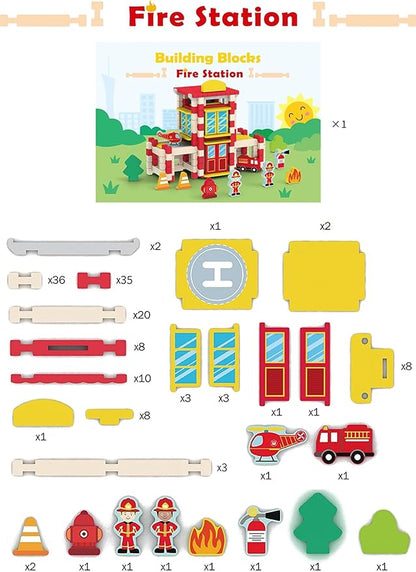 157PCS Wooden Building Blocks Set for Toddlers, Construction City Stacking Toys, Preschool Learning Educational Toys for Kids 3+ Years Girls and Boys (Fire Station)