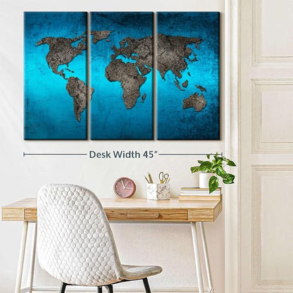 ElephantStock Ocean World Map Multi Piece Canvas - 3 Panel Wall Decor - Map of the World Art - Canvas for the Office and Home - 45" X 28"