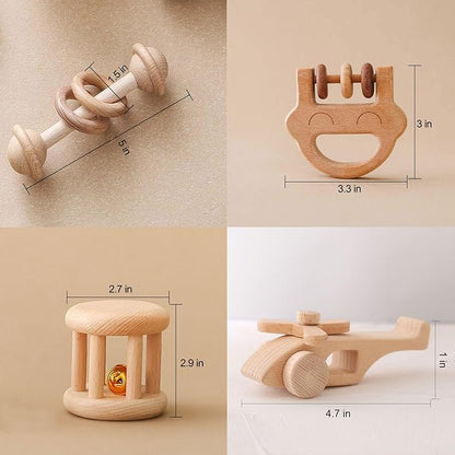 Wooden Baby Rattle Set, Newborn Wooden Rattle Toy, Natural Wooden Montessori Baby Grip Toy, Baby Gift Toy, Wood Rattle Set-1
