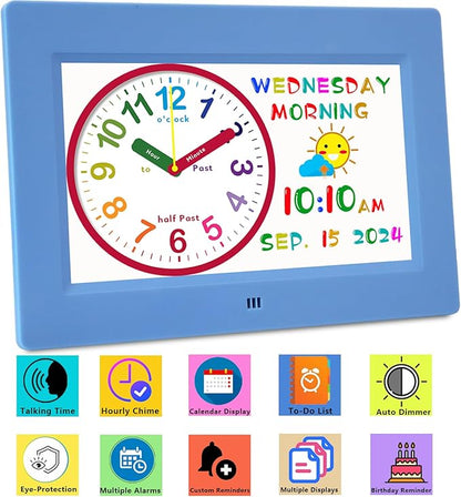 Véfaîî Digital Teaching Clock Talking Time, 24 Alarms Custom Reminders, Checklist to-Do List, Auto DST & Calendar Display, Sleep Trainer, Easy to Use for Kids Birthday Gift- Blue with Remote