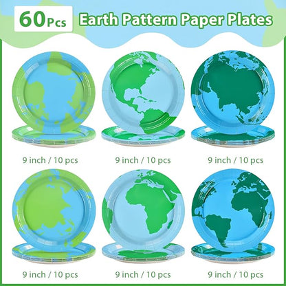 Grencian 60Pcs Earth Day Paper Plates 9" Large Disposable Heavy Duty Navy Globe Map Platter Blue Green Around the World Dessert Plate for Kids Birthday Travel Home Party Decoration