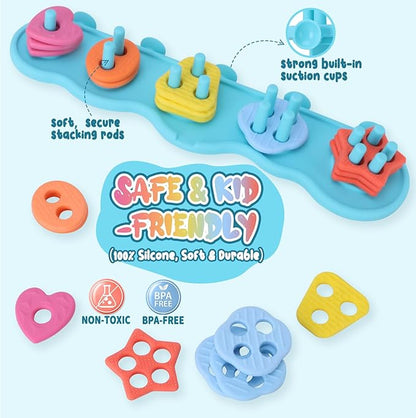 Baby Bath Toys, Mold Free Silcone Shape Sorting & Stacking Bath Toy Set with 20 Textured Floating Pieces, No Hole Design, Silicone Color & Shape Sorter for Toddler Early Learning Bathtub Fun