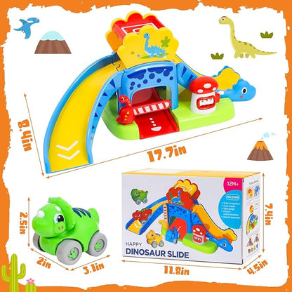 YGJT Toddler Toys for 1-3 Year Old Boys and Girls, Dinosaur Slide with 4 Dino Cars Montessori Toys Set for Baby 12-18 Months, Educational First Birthday Gifts Learning Push Track for Children Ages 1-3