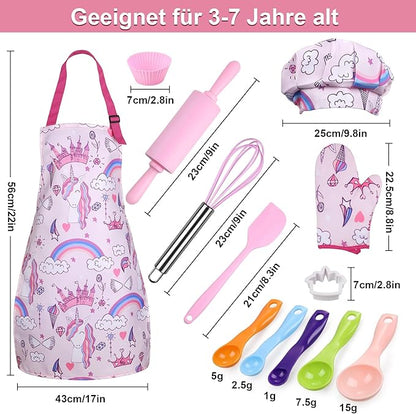 Anpro Complete Kids Cooking and Baking Set - 27 Pcs Includes Aprons for Girls, Chef Hat, Mitt & Utensil to Dress Up Chef Costume Career Role Play for 3-7 Years Girls