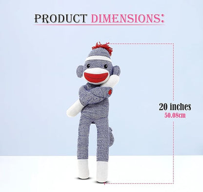 Adorable Sock Monkey, The Original Traditional Hand Knitted Stuffed Animal Toy Gift-for Kids, Babies, Teens, Girls and Boys Baby Doll Present Puppet (20" Blue)