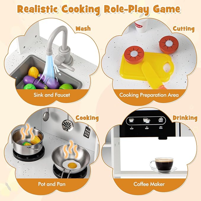 HONEY JOY Corner Kids Kitchen Playset, Wooden Toy Kitchen Set w/Lights & Sounds, Range Hood, Ice Maker & Coffee Maker, Microwave, Sink, Faucet, Little Chef Pretend Play Kitchen for Toddlers, White