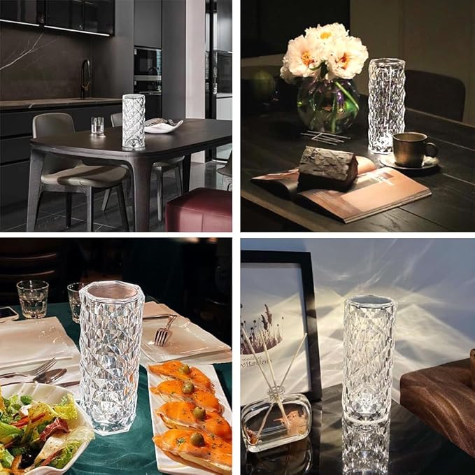 Portable Crystal Table Lamp, 3-Color Touch Control Rechargeable Night Light, Bedside & Desk Lamp for Bedroom, Living Room, Kitchen & Dining Room (3-Color Rose)
