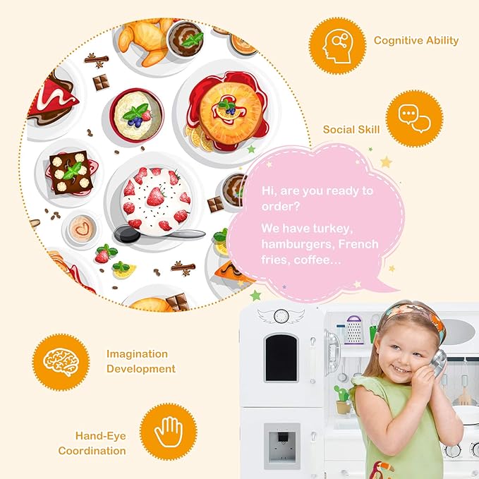 Costzon Kids Kitchen Playset, Wooden Toddlers Toy Kitchen with Light & Sound, Microwave, Ice Maker, Oven, Sink & Faucet, Cooking Accessories, Pretend Play Kitchen, Gift for Boys Girls Age 3+