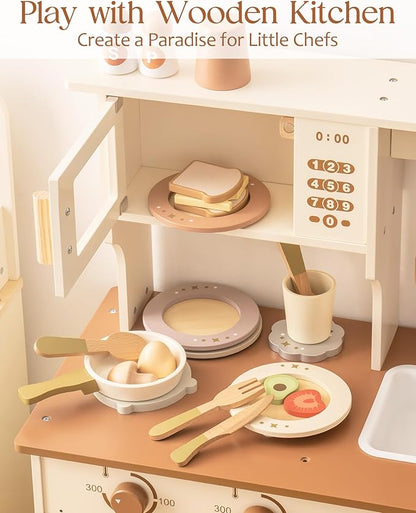 ROBOTIME Play Kitchen Dishes Set, 29PCS Wooden Toddler Plates and Dishes for Boys Girls Gifts
