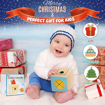 FCSONU Kids Toddler Toys, Montessori Baby Toys 0-6-12 Months, 1 Year Old Wooden Baby Tissue Box Toy for Educational Learning with Cloth Tissues, Boys & Girls Gifts for Birthday Christmas Children Day