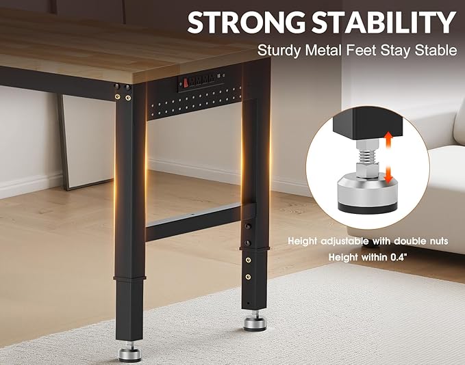 96” Heavy Duty Work Bench, 2-Layer Adjustable Workbench, 5000 LBS Capacity Work Bench with Power Outlet & Pegboard, Rubber Wood Work Table for Garage, Workshop, Office, Home