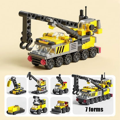 Rescue Construction Truck Building Blocks Set - 7 in 1 Engineering Vehicle Toy with Rotating Crane Arm, Rolling Wheels | STEM Educational Gift for Kids Ages 6-12 | Fire Truck & Emergency Playset