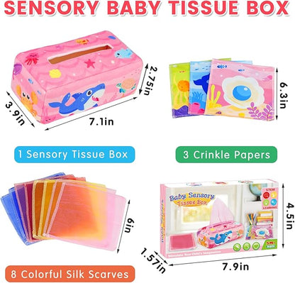 Aiduy Baby Tissue Box Toy - Baby Girl Toys Montessori Toys for Babies 6-12 Months - Soft Stuffed High Contrast Crinkle Infant Sensory Toy 6 7 8 9 10 11 12 Months Old Gifts Pink