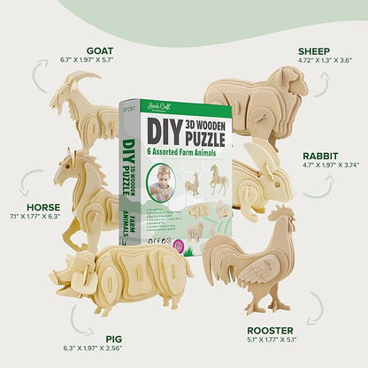 Hands Craft DIY 3D Wooden Puzzle – 6 Assorted Farm Animals Bundle Pack Set Brain Teaser Puzzles Educational STEM Toy Adults and Kids to Build Safe and Non-Toxic Easy Punch Out Premium Wood JP2B7
