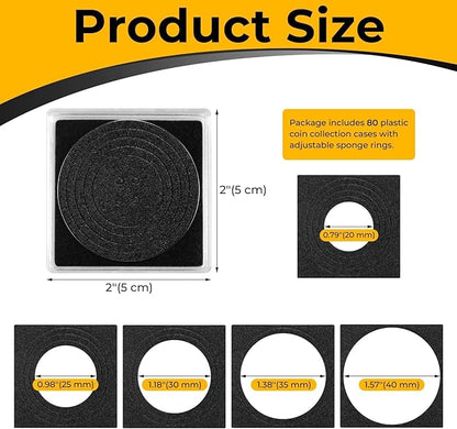 120 Pcs Adjustable Acrylic Coin Collection Cases with Sponges, Coin Snap Holder, Silver Dollar Protection Cases for Collectors, Coin Dollar Collection Supplies(20mm-40mm)