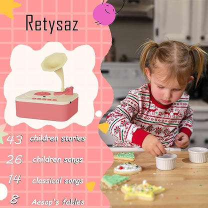 Retysaz Kids Phonograph with 96 Cards, Story Music Player Kids 3-6 Musical Sensory Toy boy Girl,Toddler Audio Pre-Kindergarten Toy Early Childhood Education Gift Birthday （Pink）…