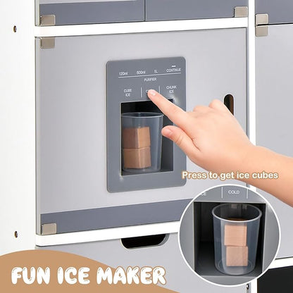 HONEY JOY Kids Kitchen Playset, 2-Piece Modular Wooden Play Kitchen for Toddlers & Refrigerator with Ice Maker, Range Hood, Oven, Little Chef Pretend Toy Kitchen Set with Light & Sound, Gray