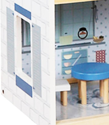 Lil' Jumbl Kids Wooden Dollhouse, 17-Piece Accessories & Furniture are Included, with Balcony & Stairs, 3 Story Easy to Assemble Doll House Toy - Blue
