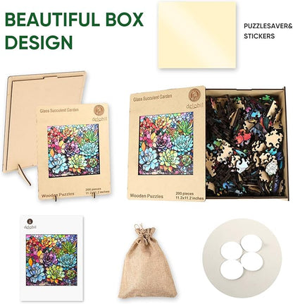 delobi Stained Glass Puzzle Succulent Wooden Puzzles for Adults 200 Pieces, Unique Liberty Challenging Jigsaw Puzzles Gift for Friends Family Game Medium Size 11.2'' x11.2''