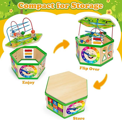 Wooden Activity Cube for 12-18 Month, 1 Year old Boys & Girls, 7-in-1 STEM Montessori Early Developmental Learning Toys for Kids Aged 1-2, Ideal 1st Birthday Gift Toys for Baby, Toddlers (Pink)