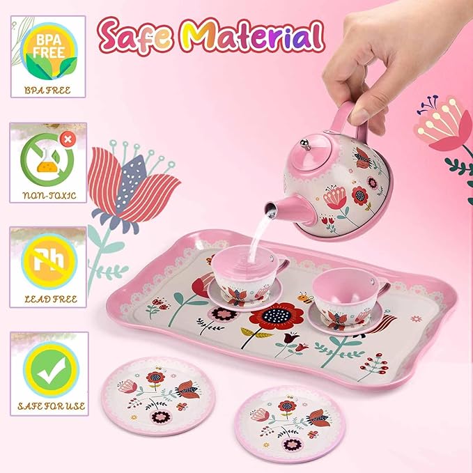 Pretend Play Tea Set for Little Girls, Gift for Age 3-8, Flower Themed, 19 PCS