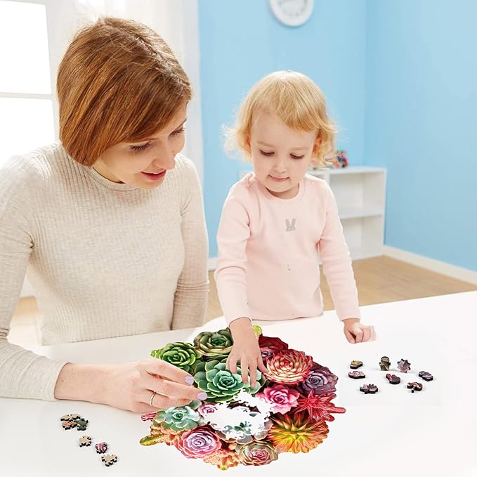 delobil Succulent Bouquet Wooden Puzzles for Adults, 500 Pieces Mandala Round Jigsaw Puzzles, Royal Size Unique Shaped Liberty Wood Puzzle Gift for Kids, Family Game 16.7'' x 16.3''