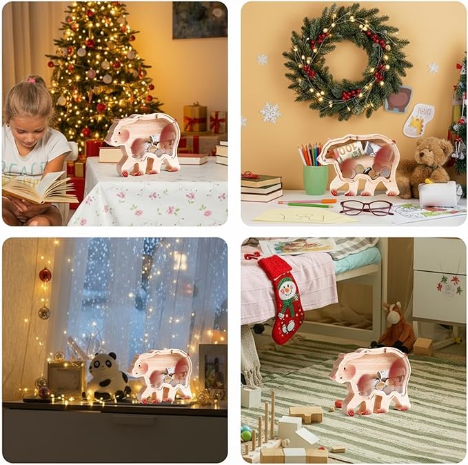 Wooden Bear Piggy Banks for Kids, Cute Unbreakable Money Coin Bank Jar, Safe Money Box, Transparent Saving Jar, Birthday Anniversary Baptism Gifts for Boys Girls Toddler Bear Lovers