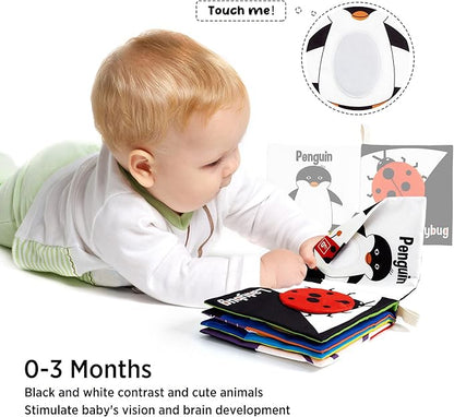 beiens Soft Baby Books, High Contrast Black and White Books NonToxic Fabric Touch and Feel Crinkle Cloth Books Early Educational Stimulation Toys for Infants Toddlers, Baby Girl & Baby Boy Gift Animal