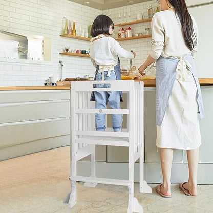 WOOD CITY Kitchen Step Stool Helper - Montessori Foldable Standing Tower for Toddlers with Safety Rail, Height Adjustable Ideal Helper for Learning New Skills, Natural Pure Pine Wood (White)