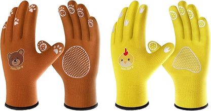 COOLJOB Breathable Toddler Work Gloves for Gardening Boy Girl Ages 4-6 Medium, Nylon Kids Garden Gloves with Grip, Children Yard Gloves for Digging Weeding Landscaping, Yellow & Brown, 2 Pairs