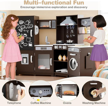 HONEY JOY Corner Play Kitchen, Large Wooden Pretend Toy Kitchen Set w/Lights, Ice & Coffee Maker, Range Hood, Chalkboard, Microwave, Cookware, Little Chef Kids Kitchen Playset for Toddlers (Espresso)