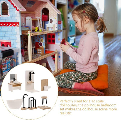NUOBESTY Dollhouse Bathroom Set, 1 12 Scale Dollhouse Furniture 8pcs Miniature Doll House Bathroom Accessories with Mini Bathtub, Toilet, Shower Room for Doll House Decor Accessories