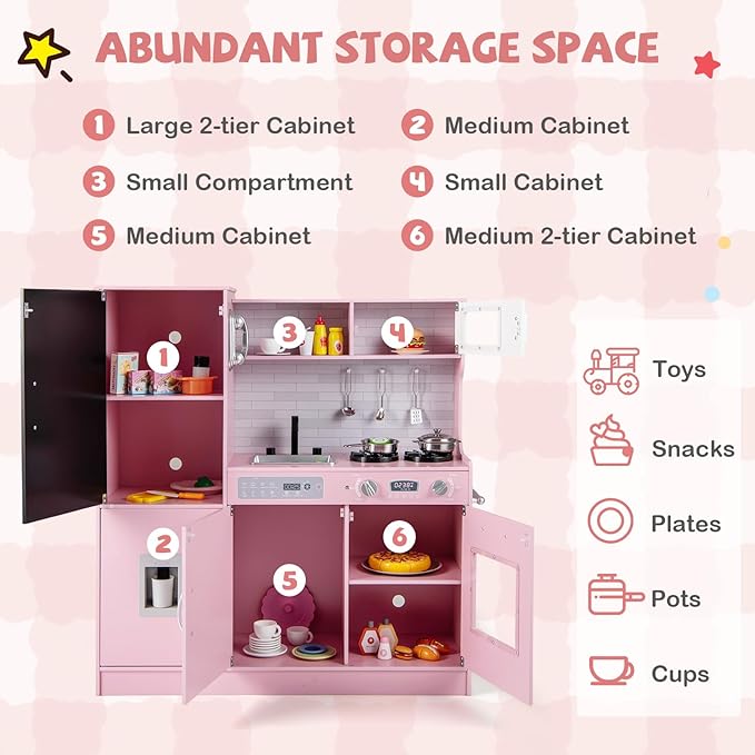 HONEY JOY Upgrade 39 in Kids Kitchen Playset, Large Wooden Little Chef Pretend Toy Kitchen Set w/Chalkboard, Telephone, Utensils, Oven, Microwave, Sink, Storage, Play Kitchen for Toddlers, Pink
