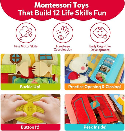 Montessori Busy Book for Toddlers 1-3,Busy Board with 12 Sensory Activities & Fine Motor Skills,Travel Toys for Airplane Car,Educational Learning toys One Year Old Birthday Christmas Toddler Gifts