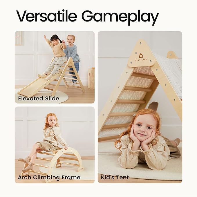 Tiny Land Pikler Triangle Set, 7-in-1 Foldable Pikler Triangle Climbing Toys Set for Kids,Baby Indoor Playground Jungle Gym, Wooden Montessori Climbing Set for Toddler (Natural,Large)