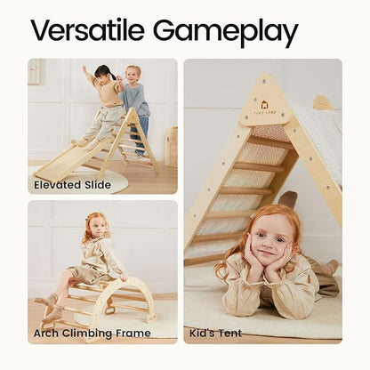 Tiny Land Pikler Triangle Set, 7-in-1 Foldable Pikler Triangle Climbing Toys Set for Kids,Baby Indoor Playground Jungle Gym, Wooden Montessori Climbing Set for Toddler (Natural,Large)