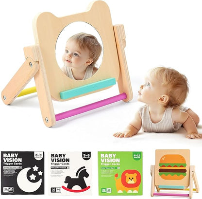 Rotating Baby Safe Mirror with 120 Pages Visual Stimulation Cards - Wooden Tummy Time Mirror Toys - Black White Red and Color High Contrast Baby Flashcards for Brain and Cognitive Development
