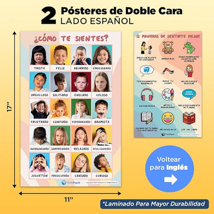 2 Laminated Feelings Posters for Kids - English & Spanish - Calm Down Corner Supplies - Therapy & School Counselor Supplies - Emotions Posters for Home and Calming Corner Classroom